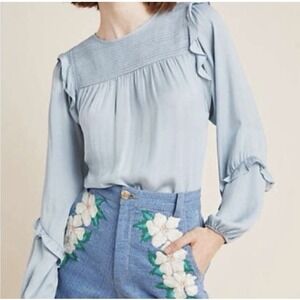 Dolan‎ Anthropologie Light Blue Satin Long Sleeve Blouse Womens XL Coquette Twee